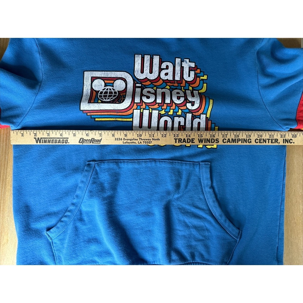 Walt Disney World Retro Blue Crewneck Rainbow Sweatshirt front pockets SIZE Med - Picture 6 of 8